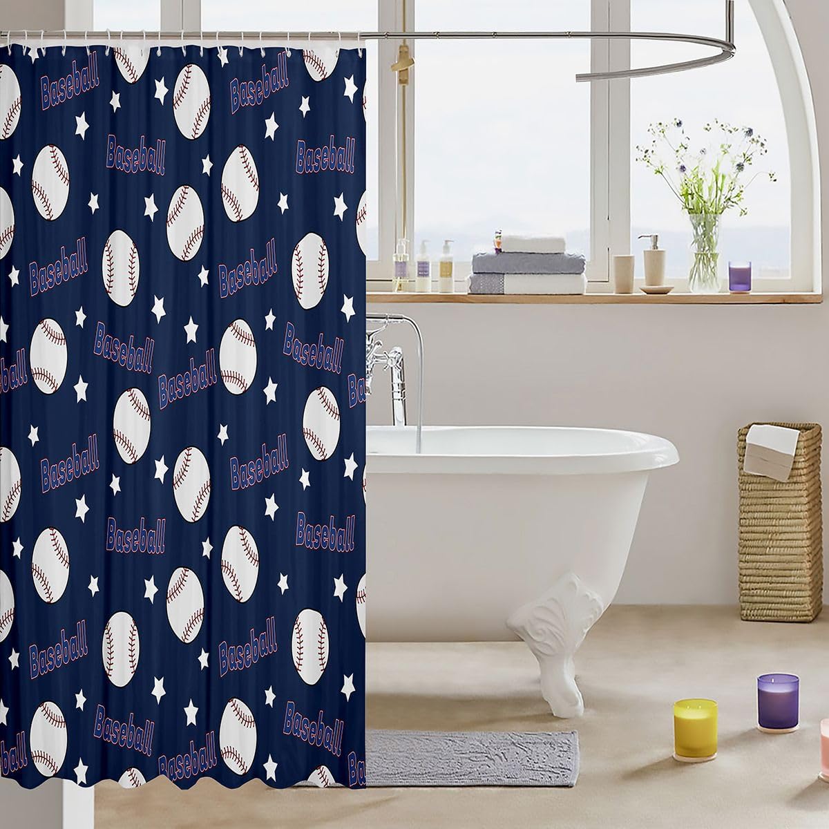 Feelyou Baseball Shower Curtain for Bathroom Decor Star Print Bath Curtain Baseball Gaming Bathroom Accessories Gift for Baseball Lover Waterproof Polyester Fabric for Stalls Bathtubs 72"x78" image 3