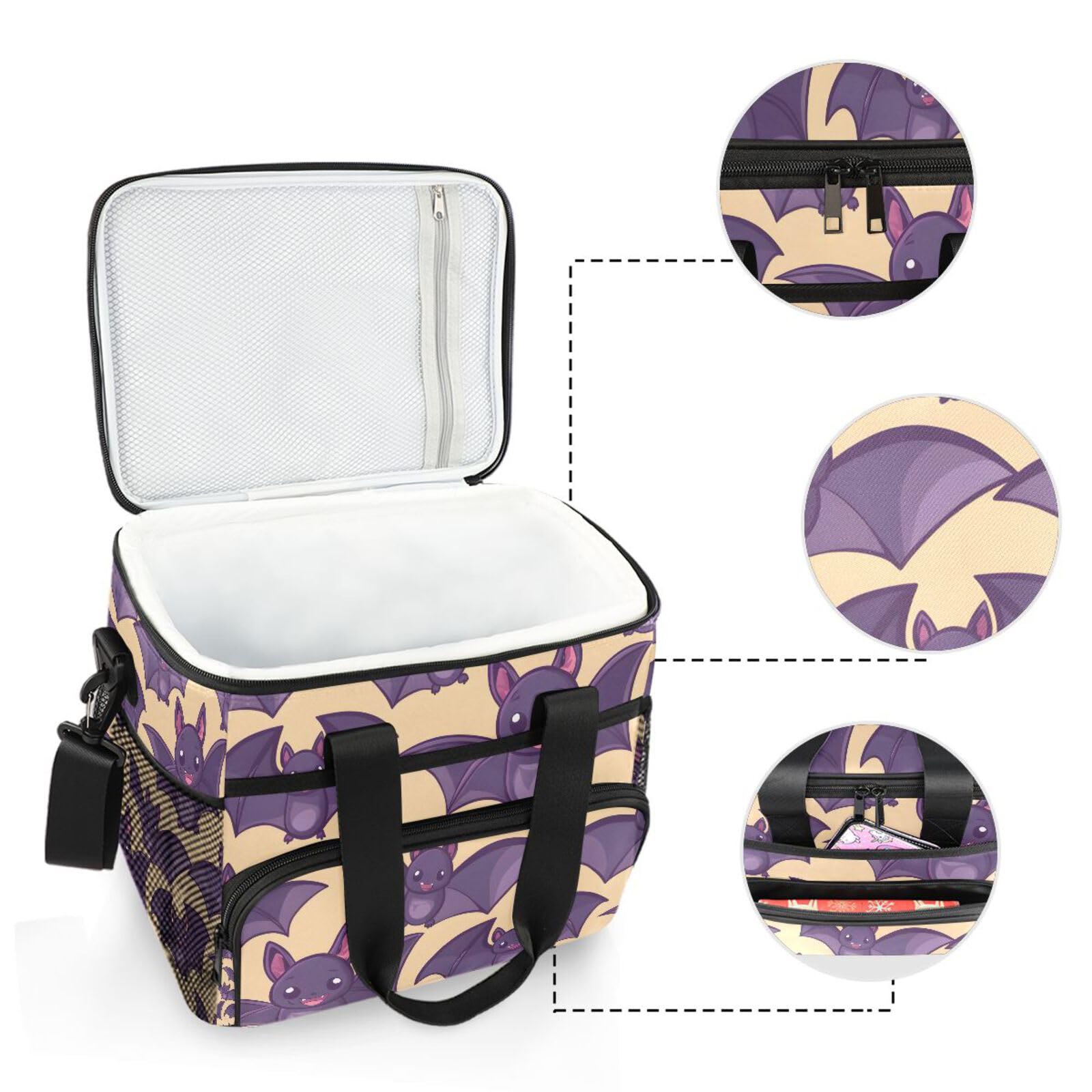 Bolsa térmica grande con diseño de murciélago morado, bolsa térmica grande con aislamiento, bolsa térmica impermeable de 15 litros, 24 latas, para adultos, hombres y mujeres