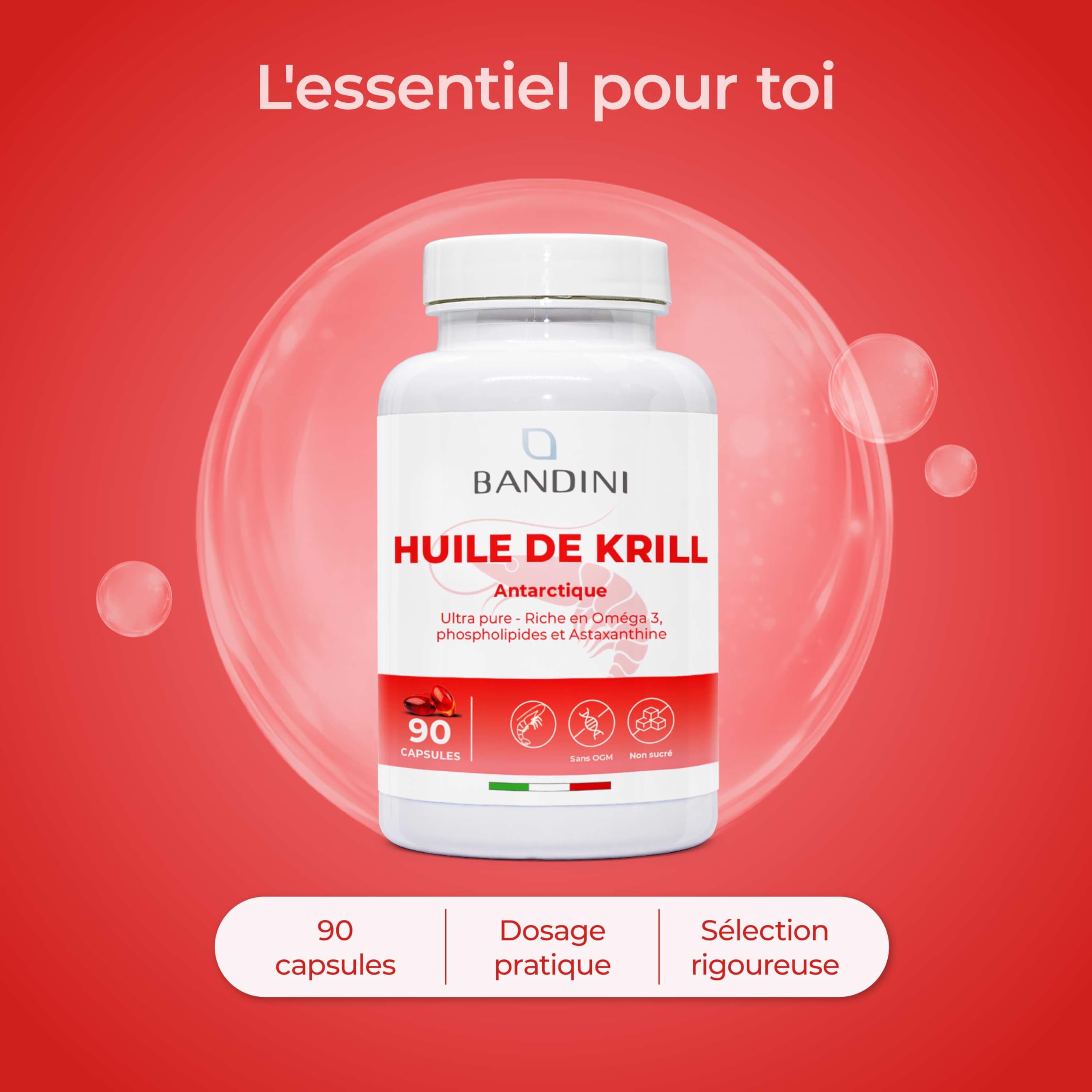 Bandini® Huile de Krill Pure d' Antarctique 3000mg Oméga 3 | 465 mg DHA et EPA, 1200 mg Phospholipides Marins, Source de Astaxanthine, Acides Gras Essentiels Omega-3 | Idéal pour le coeur - 90 gélules