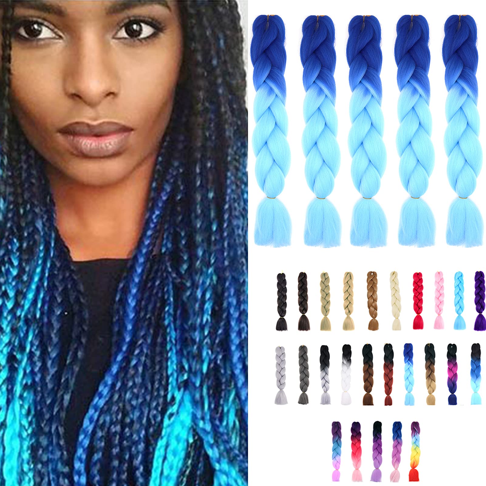 24inch Jumbo Braids Hair Extensions Ombre Braiding Hair Synthetic 3Pieces/lot Crochet Twist High Temperature African Box Braids, Sapphire Blue — view 16