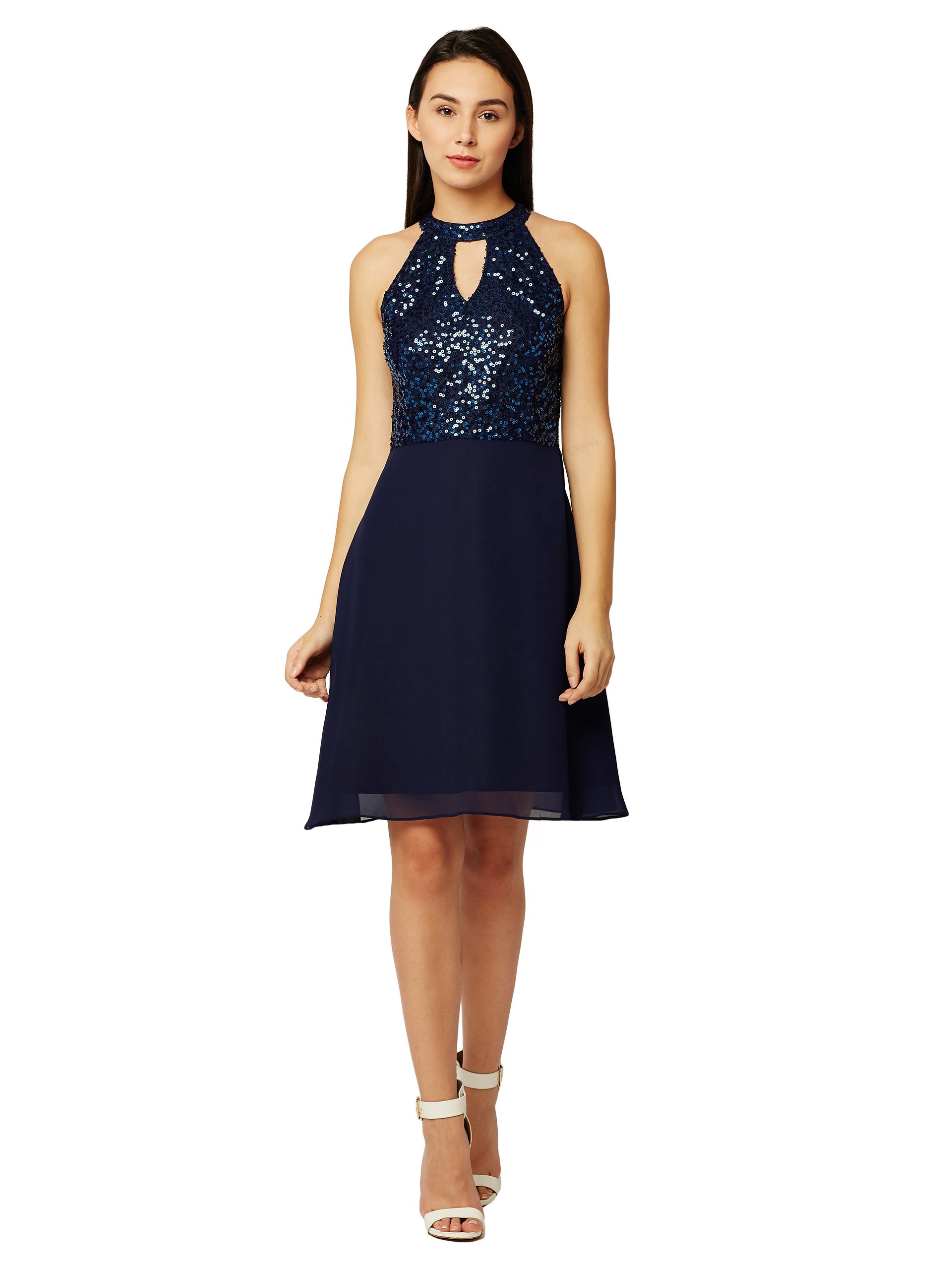 Miss Chase Women's Flowy Sequin Georgette Skater Dress(Mcss18D10-61-71-02,Navy Blue,X-Small)