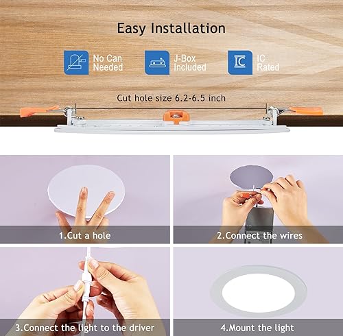 Miniatura 8 de Iluminación empotrada de 6 pulgadas (paquete de 16) de obleas ultrafinas sin lata con caja de conexiones, regulable y temperatura de 5 colores