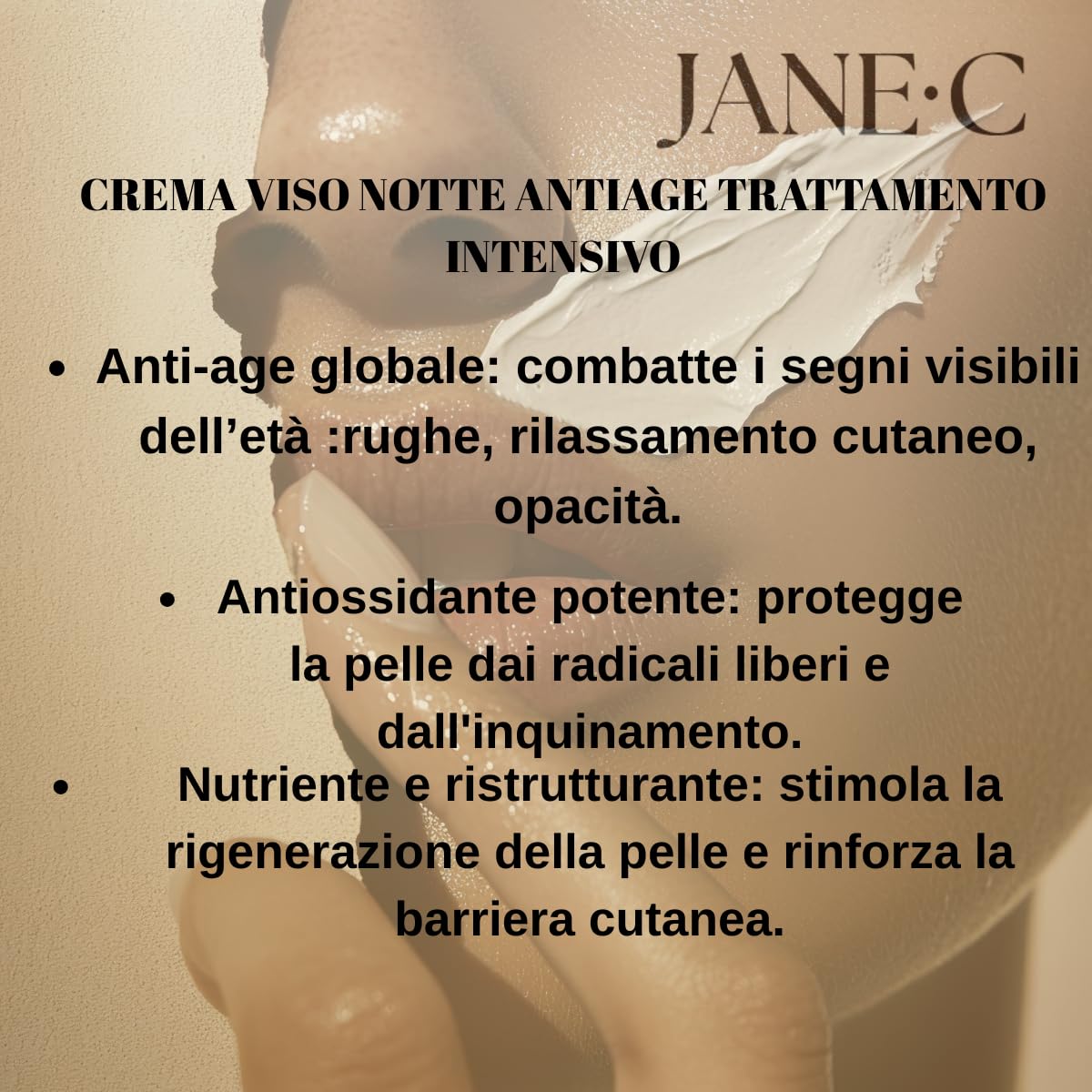 JANE•C Crema Viso Notte Nobilis, K-beauty,Trattamento Intensivo Rassodante,Rigenerante,Antirughe con Centella Asiatica,Fosfolipidi,Coenzima Q10,Retinolo, 50ml,Made in Italy