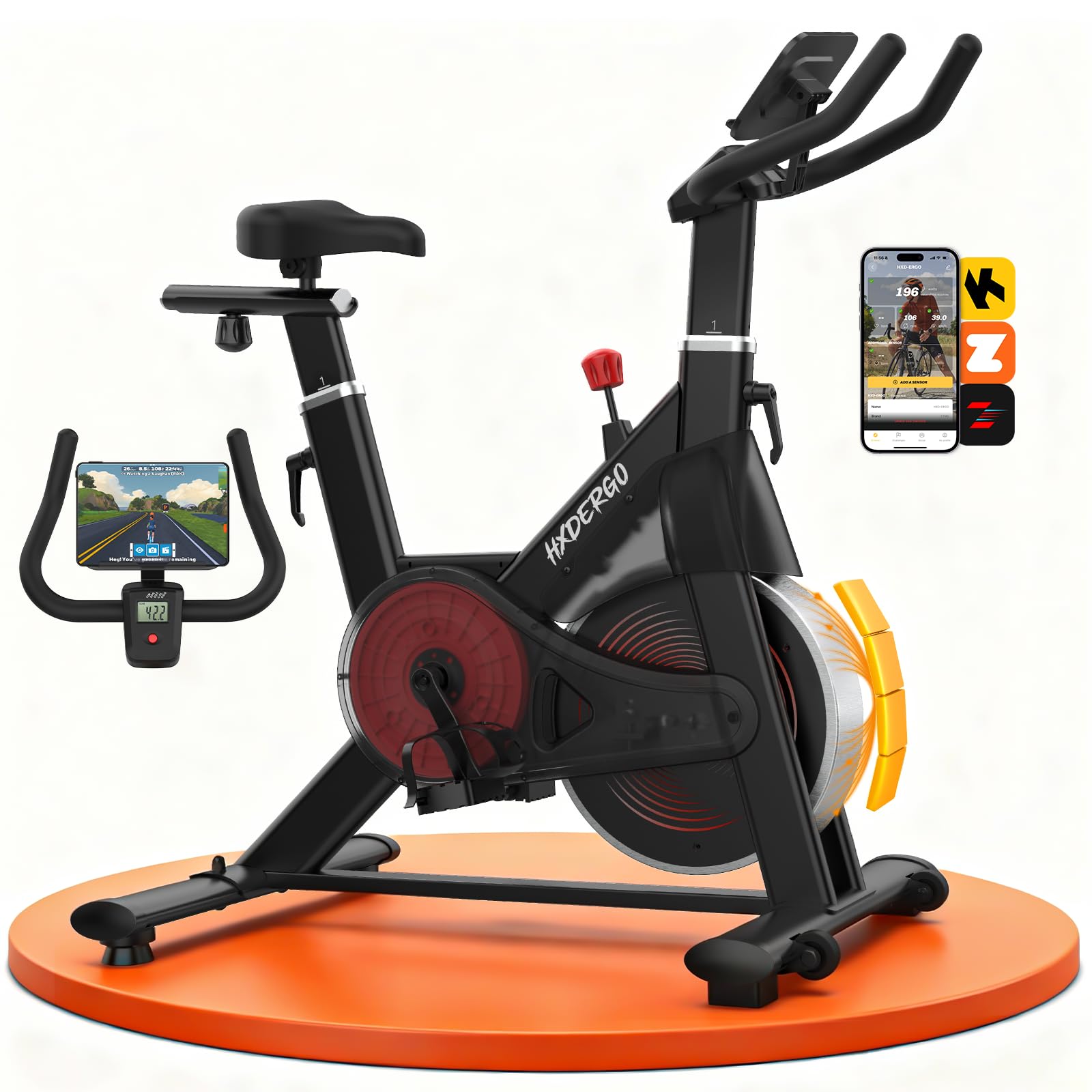 HXD-ERGO Vélo d’Appartement Magnétique Silencieux – Résistance Infinie, Structure Stable, Siège & Guidon Réglables, Écran LCD, Compatible Kinomap/Zwift, Charge 150 kg