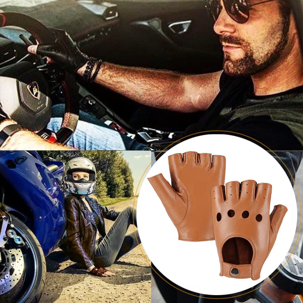 MGGMOKAY Mens Fingerless Leather Driving Gloves Half Finger Motorcycle Sheepskin Unlined Gloves Punk - Image 3