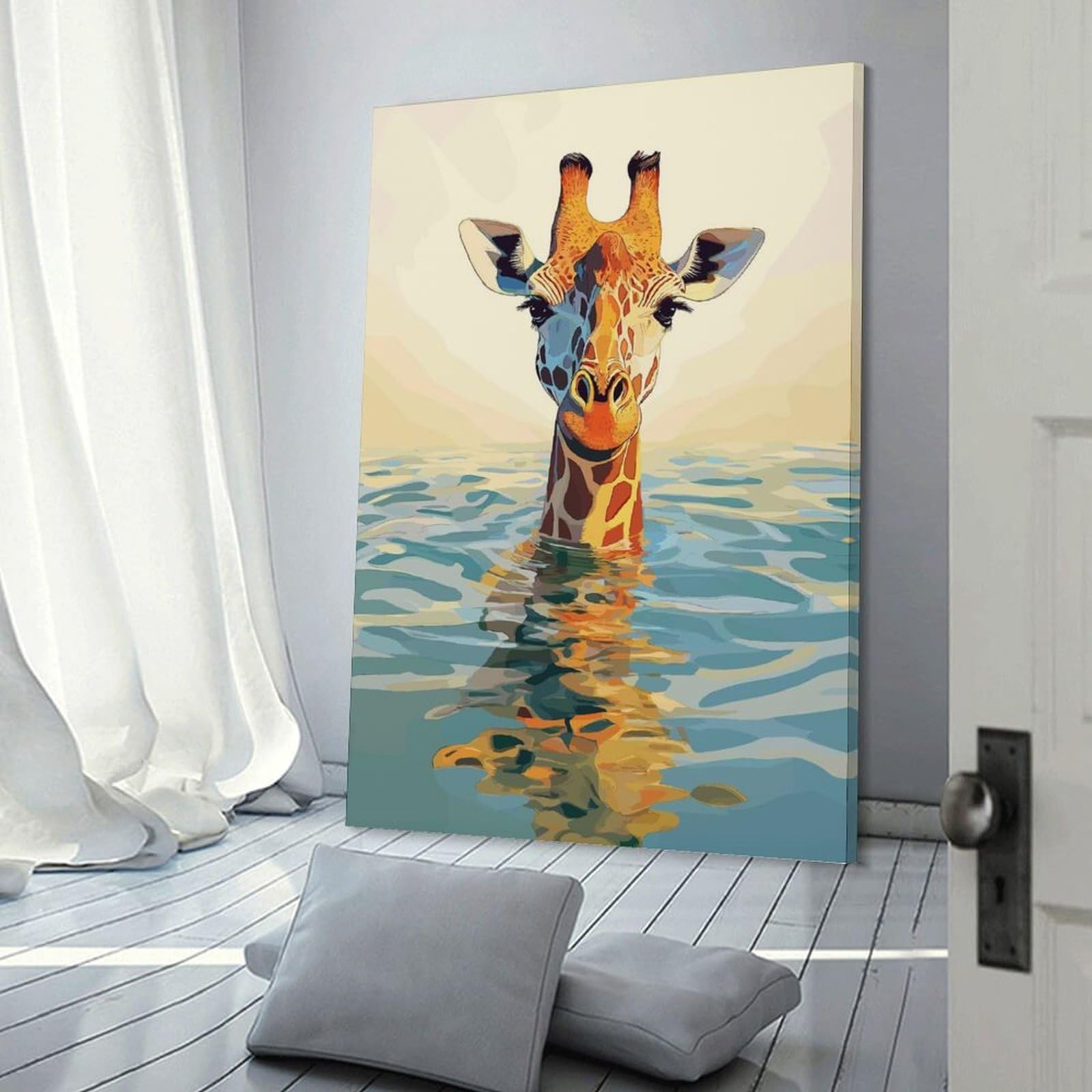 Junmoney Giraffe in Water Digital Art Room Decor Wall Art, 08x12inch(20x30cm), for Hallway, Lounge Or Guest Room, Gift Idea for Housewarming And Birthdays