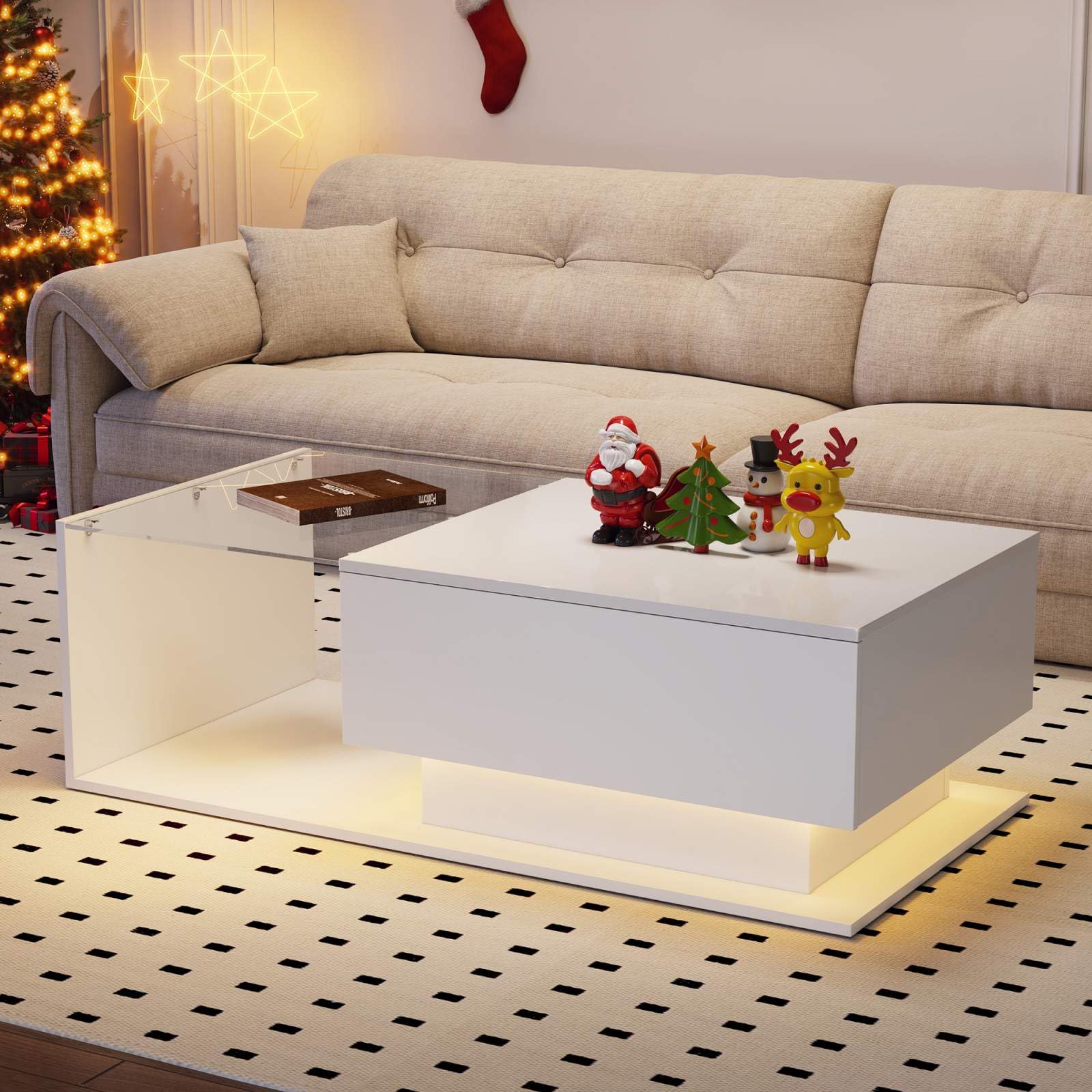 KOMHTOM Tavolino salotto bianco con piano in vetro Tavolino basso da salotto, tavolino da caffè a LED con cassetto Tavolino moderno Mobili da soggiorno (bianco)