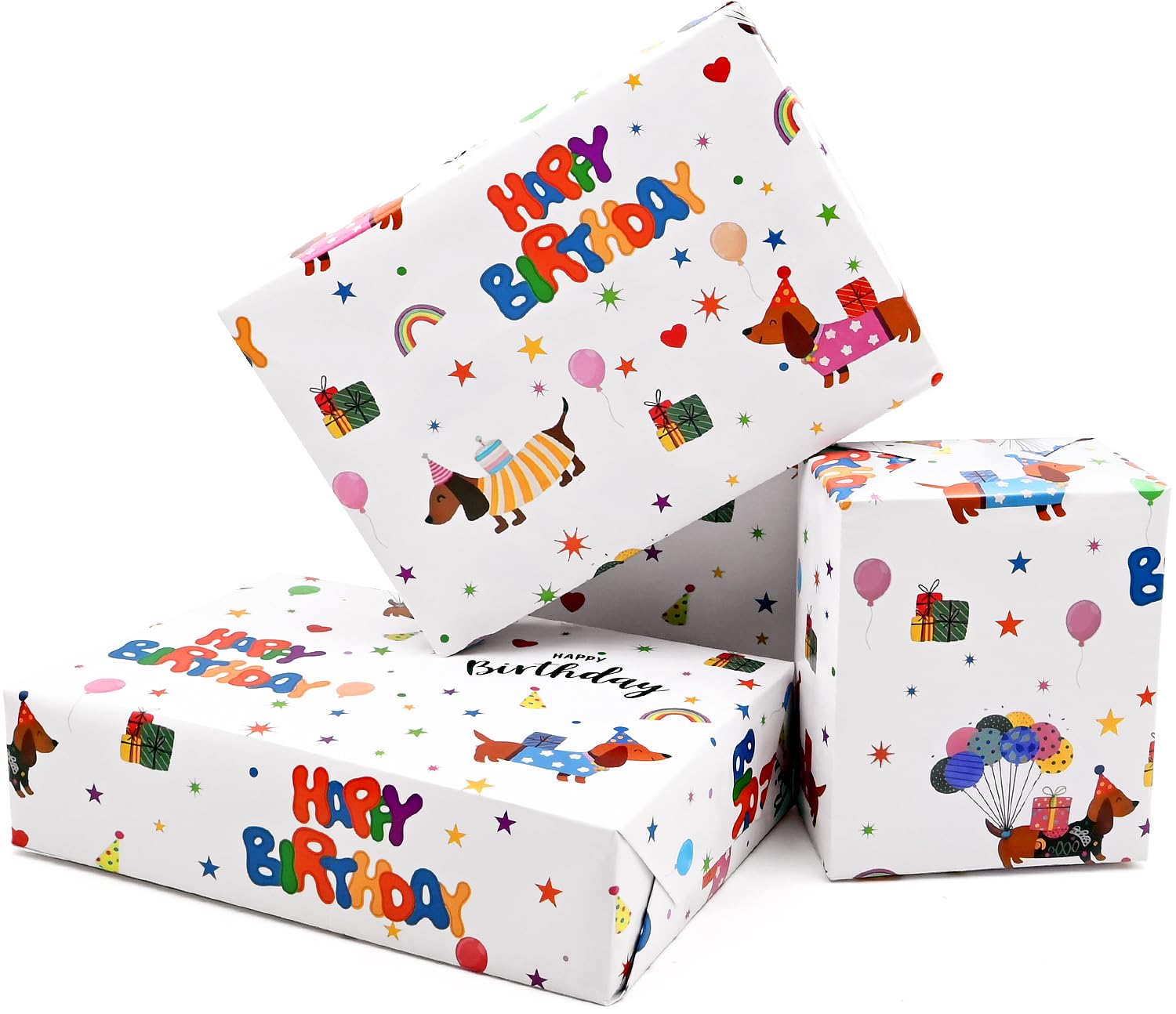 Dog Birthday Wrapping Paper for Boys Girls, Topeedy 5 Sheets 50x70cm Happy Birthday Gift Paper with Cute Dachshund and Balloon Design for Kids and Pet Party