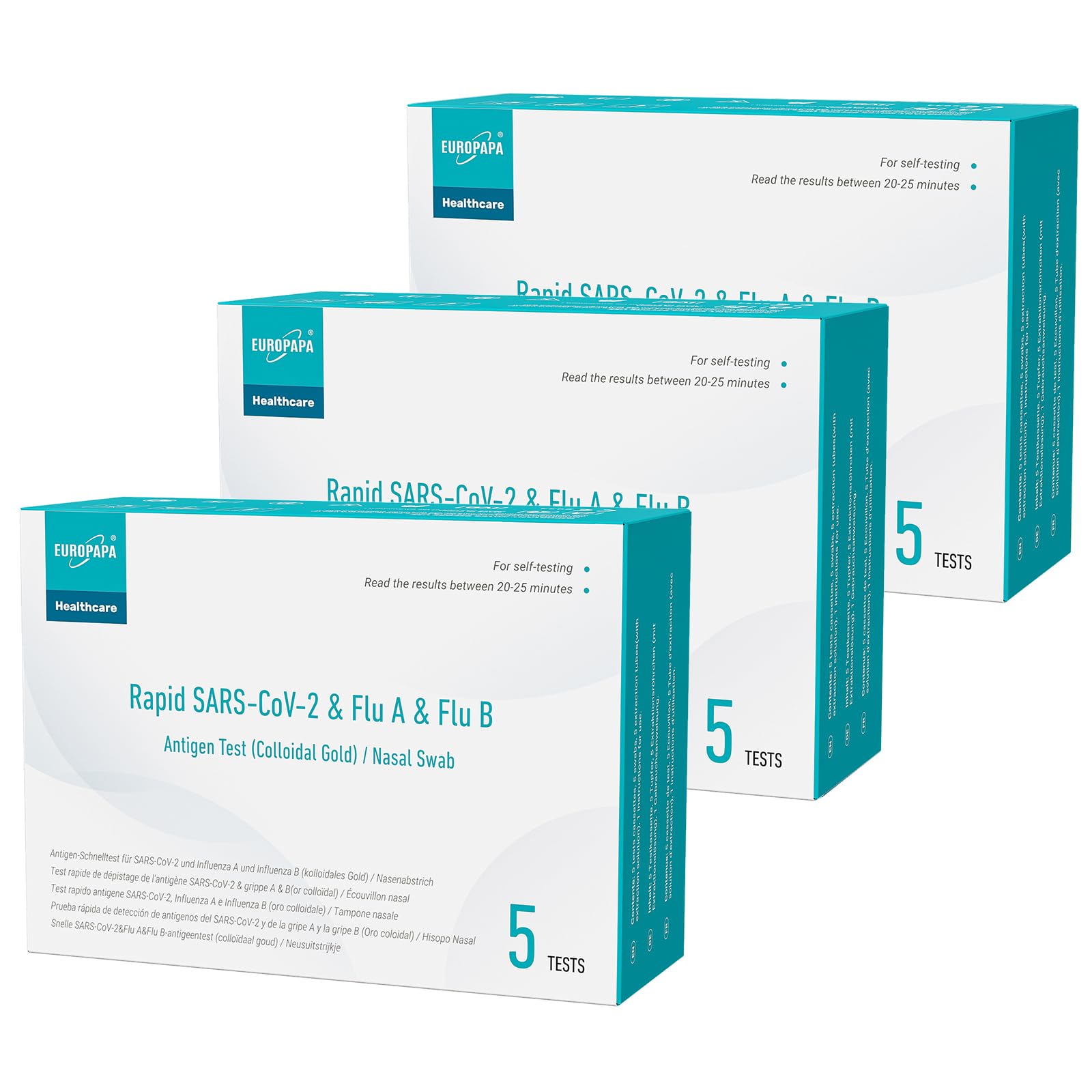 EUROPAPA 15x Corona Laientest Schnelltest und Grippe Test auf Covid-19 und Influenza A/B, Antigentest Selbsttest SARS-CoV-2 Flu A Flu B 3in1 Combo Rapid Test Cassette, für Zuhause, Einzelverpackt