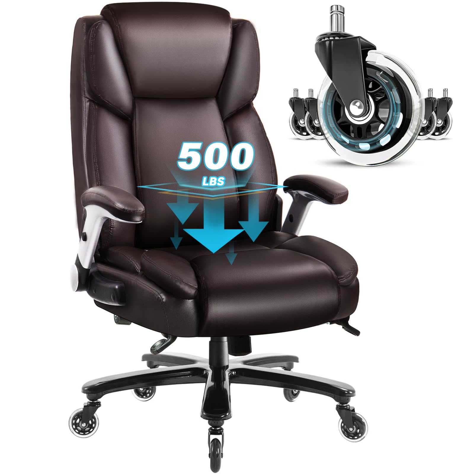 Big and Tall Office Chair with 3D Flip Arms, 500lbs PU Leather Home Office Chair with Ergonomic Lumbar Support，High Back Heavy Duty Computer Chair Desk Chair (Brown)