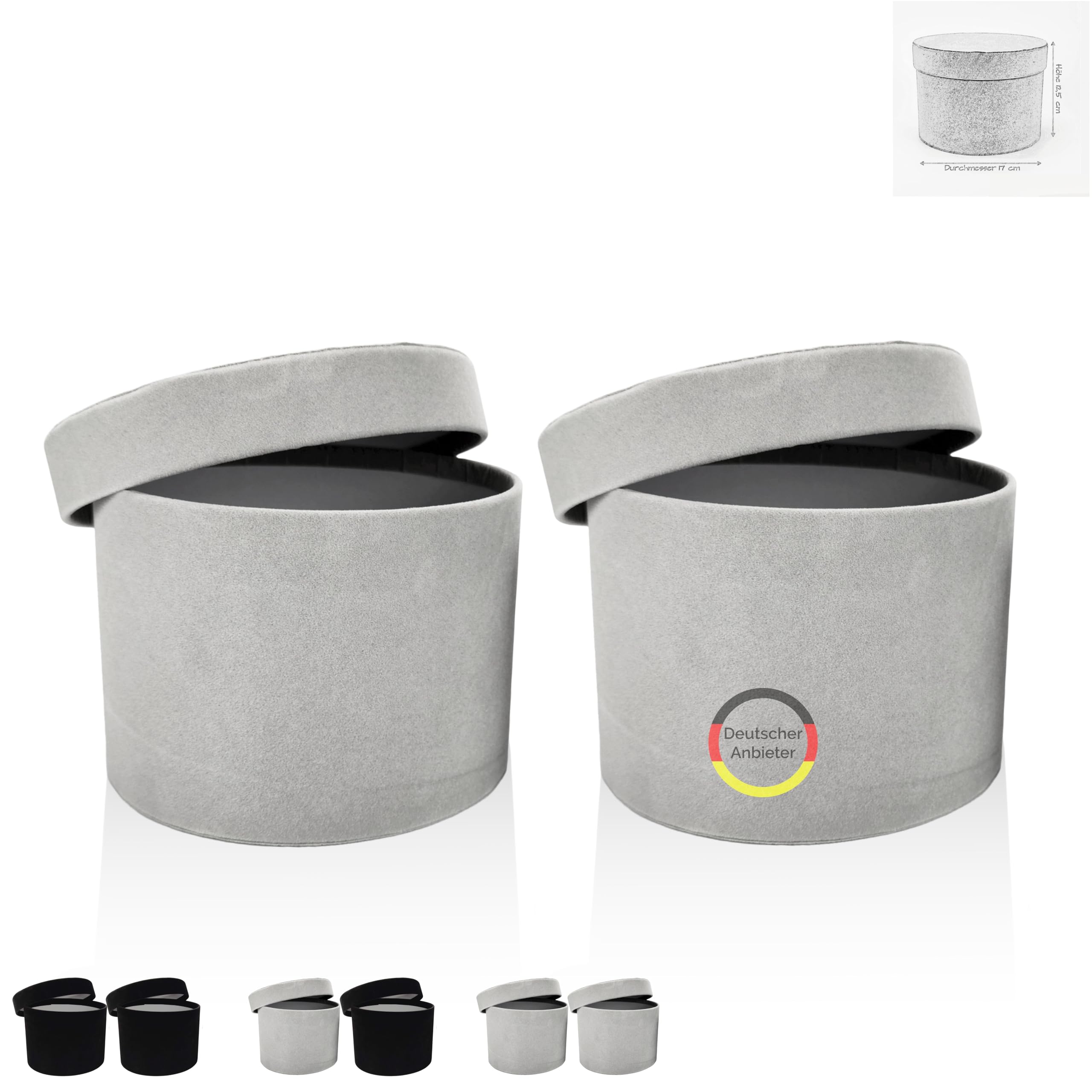 FleurDekoer Set di 2 scatole regalo rotonde con coperchio [velluto] per fiori, per compleanno, matrimonio, Natale, festa della mamma, San Valentino, 12,5 x 17 cm (grigio-grigio