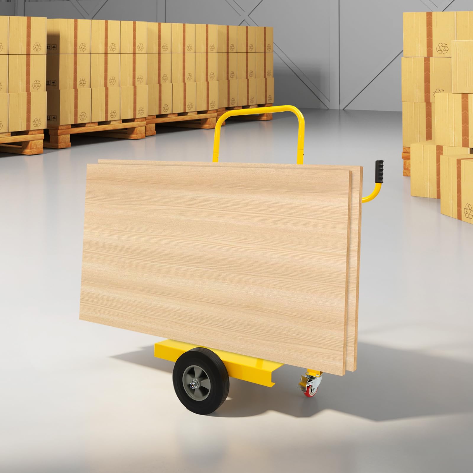Plattenkarren bis 300Kg mit 4 Rädern (mit 2 Bremsen), Gelb | 113.2x72.66x127.59cm Plattenwagen Schwerlast aus Stahl für Holzbrettern Türen Fenstern Matratzen, mit Praktischen Griffen