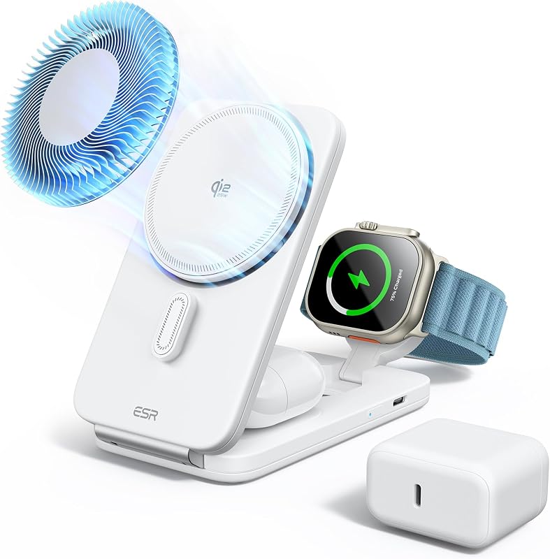 ESR 3 in 1 Charging Station, Qi2.2 Certified for iPhone 17/16 with iOS 26 | 25W Foldable Wireless Charger Stand w/Cryoboost,Phone Cooling Fast Charging Dock,for AirPods & Apple Watch,50W Adapter, White