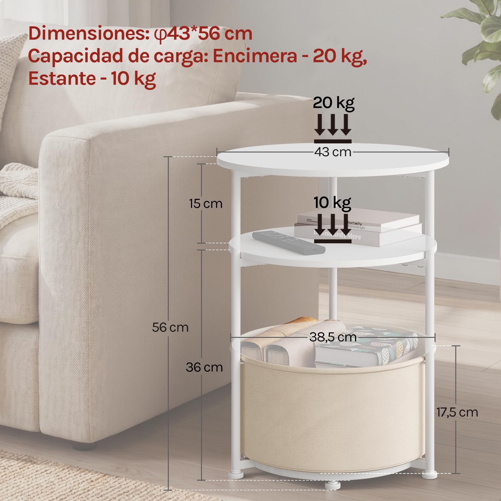 WOLTU Mesita de Cafe Redonda, Mesa Pequeña Auxiliar con Cesta de Lona de Almacenamiento, Estructura de Metal, Mueble Multiuso para Salon, Balcon, Dormitorio, Blanco + Beige
