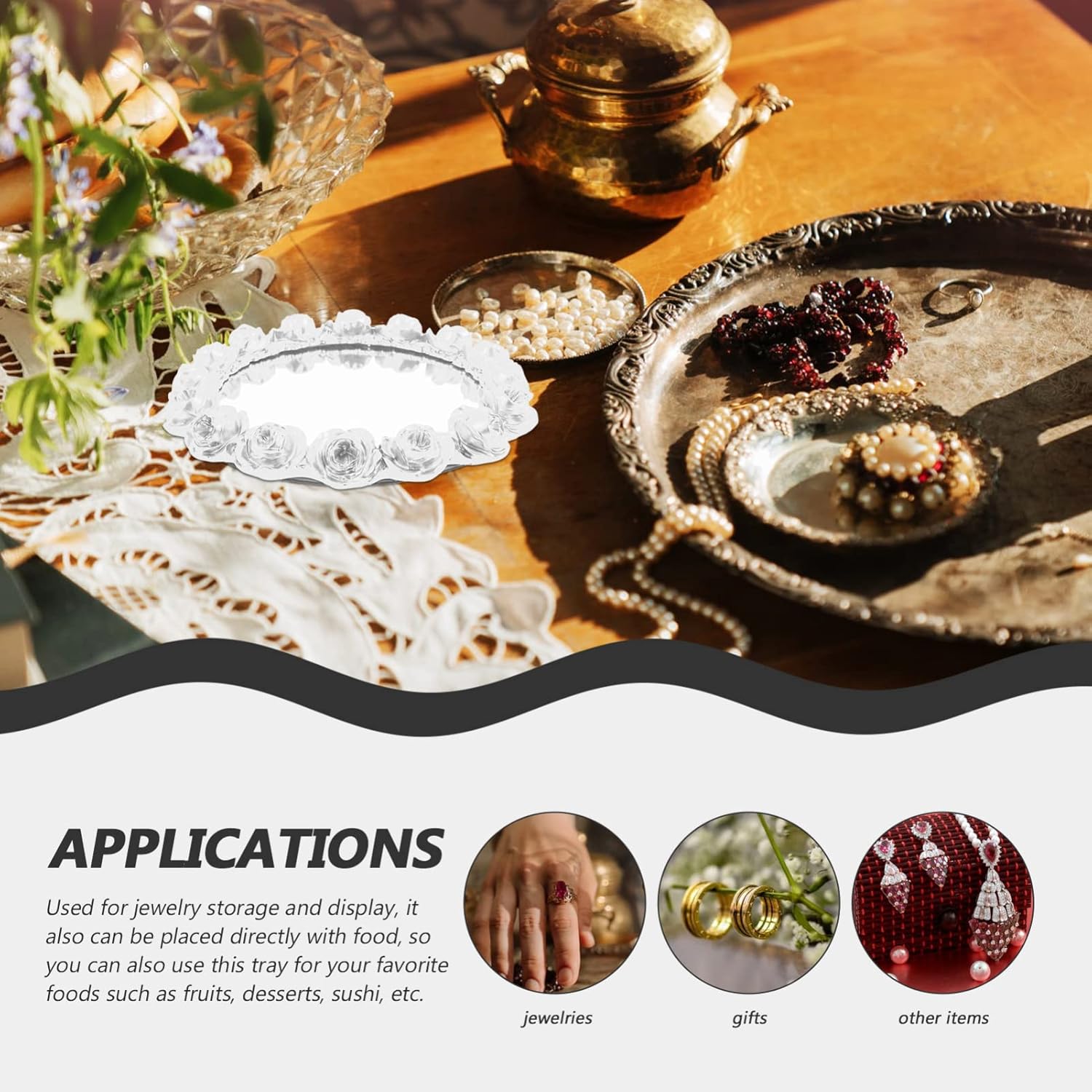 Cabilock Elegant Mirrored Flower Tray Multi-Purpose Decorative Jewelry and Makeup Organizer for Dresser Vanity Bathroom and Bedroom for Weddings and Anniversaries