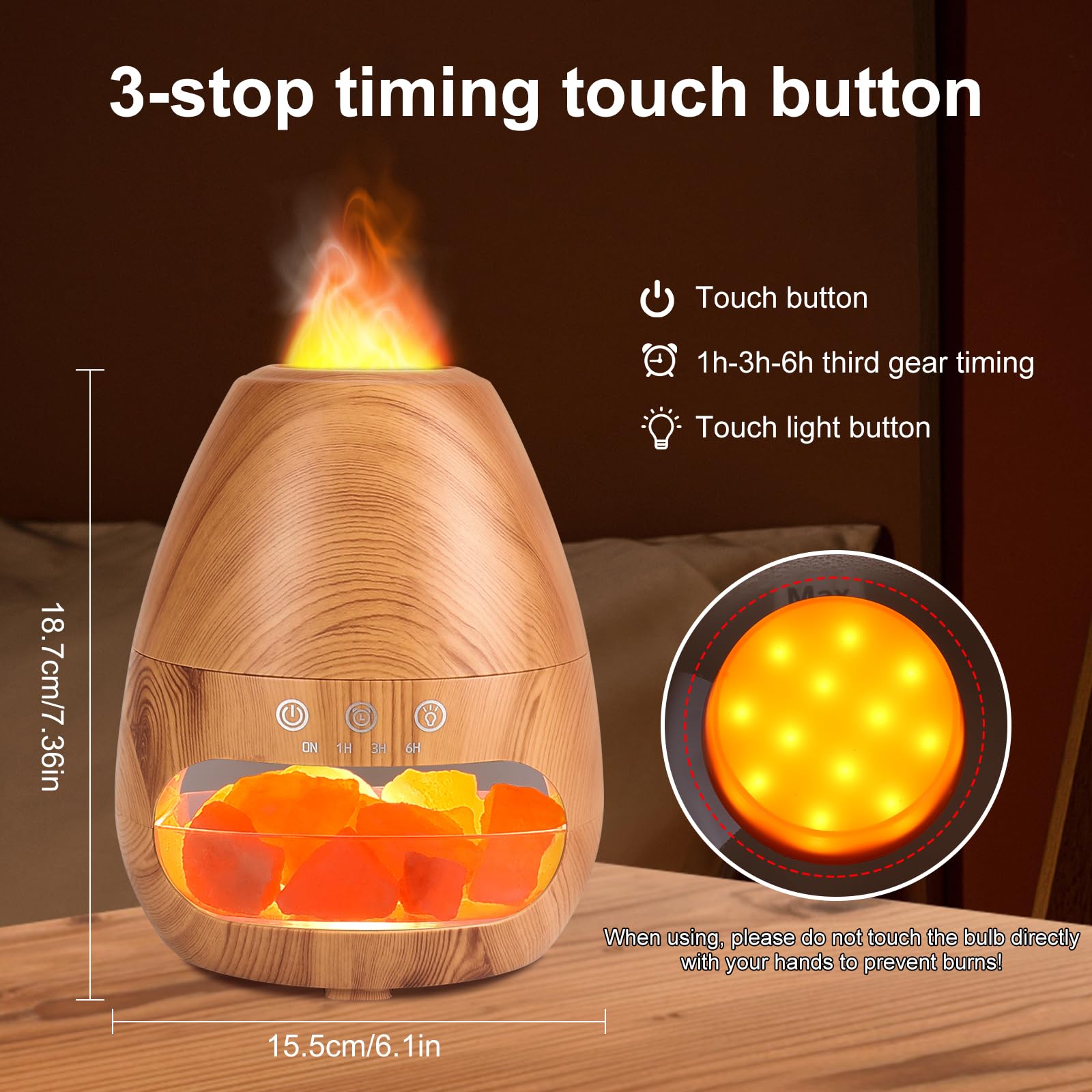 Diffusore di Oli Essenziali con Effetto Fiamma, GuKKK 200ml Diffusore di Oli Essenziali con Pietra di Sale, Aromaterapia Aromi Diffusore, Umidificatore Silenzioso con 3 Timer, per Ambiente, Casa, Spa