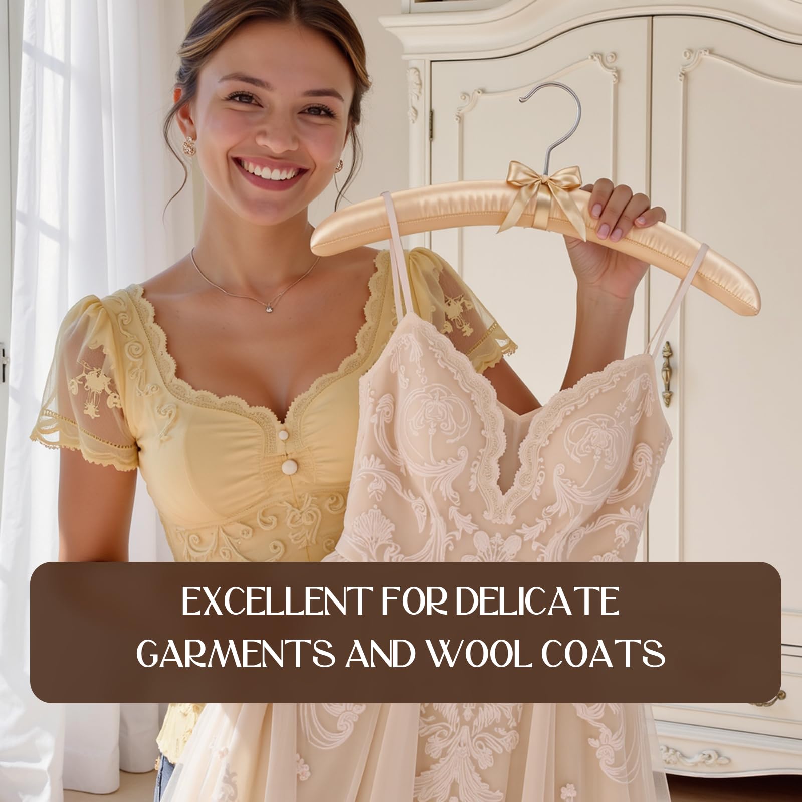 Grucce imbottite in raso, confezione da 12 pezzi, 43,2 cm, antiscivolo, imbottite, per abbigliamento quotidiano, maglioni, abiti di seta, abiti da sposa, damigella d'onore, abiti (champagne)