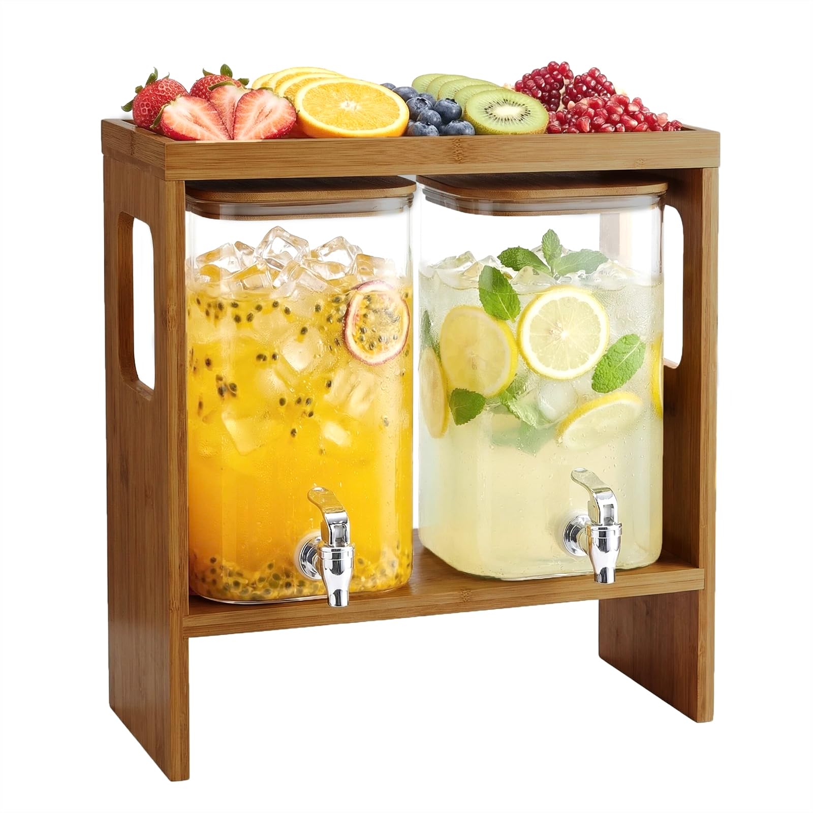 Photo 1 of 2 PCS 1.2 Gallon Drink Dispenser, Glass Beverage Dispenser with Wood Stand and Detachable Food Platter, Party Drink Dispensers for Lemonade, Juice, Tea, Ice Coffee
