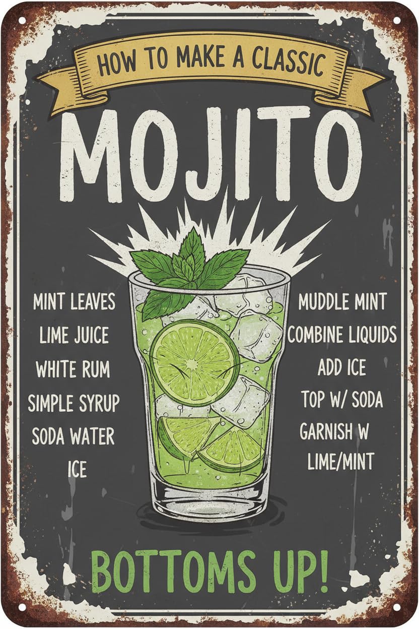 Metal Tin Sign How To Make A Classic Mojito,wall Decor For Bar Pub Kitchen Home Cocktail Billboard 8x12 Inch Vintage Signs Aluminum Plates Printed