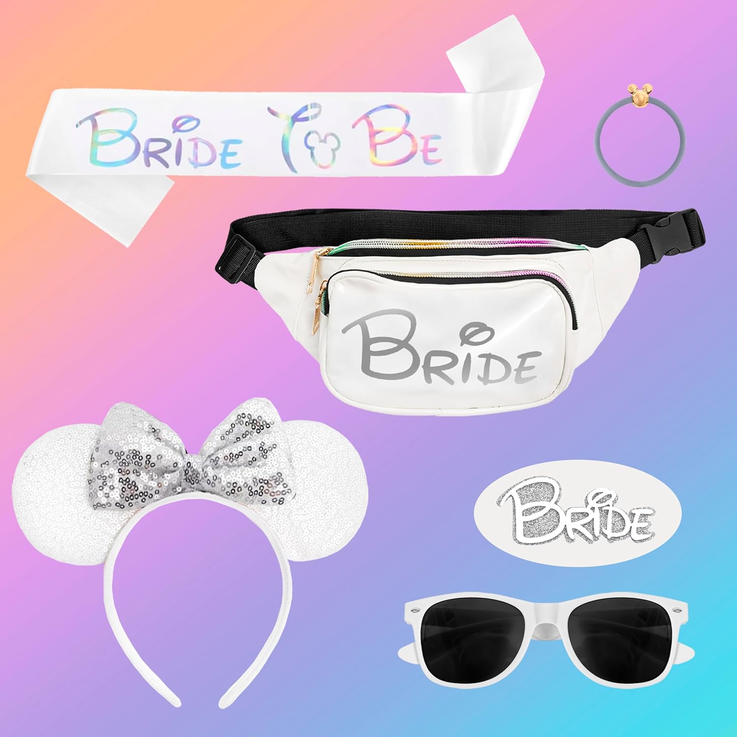 Mouse Ears Set - Bride Accessories - Bachelorette Party Favors - Match Bachelorette Outfit (Rose Gold/White, 1)