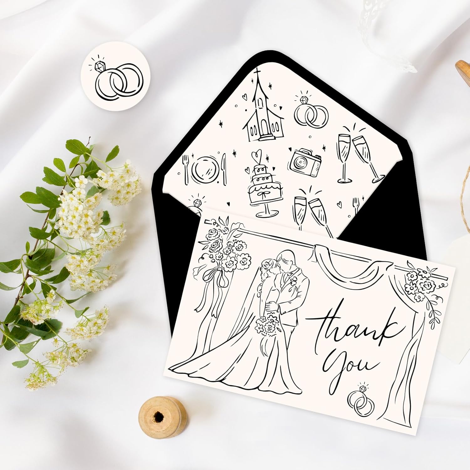 JarThenaAMCS 24 Pack Wedding Thank You Cards with Envelopes Stickers Beige Black Groom Bride Greeting Cards Blank Note Card for Wedding Bride Shower Supplies - Image 5