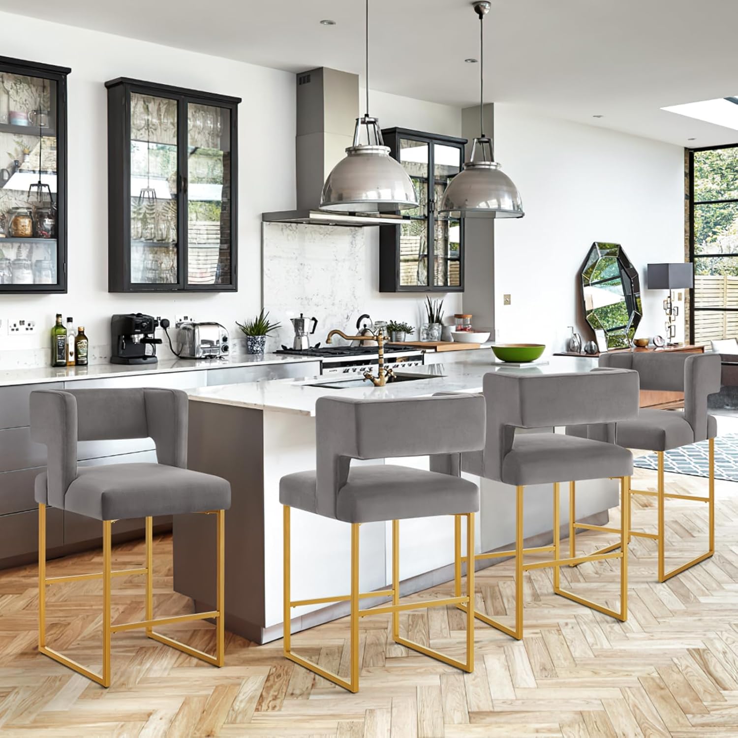 26" H Counter Height Bar Stools Set of 4, Modern Velvet Bar Stools with Square Open Backrest and Gold Metal Frame, Kitchen Counter Stools for Island, Home Bar, Pub(Dark Gray+Gold)