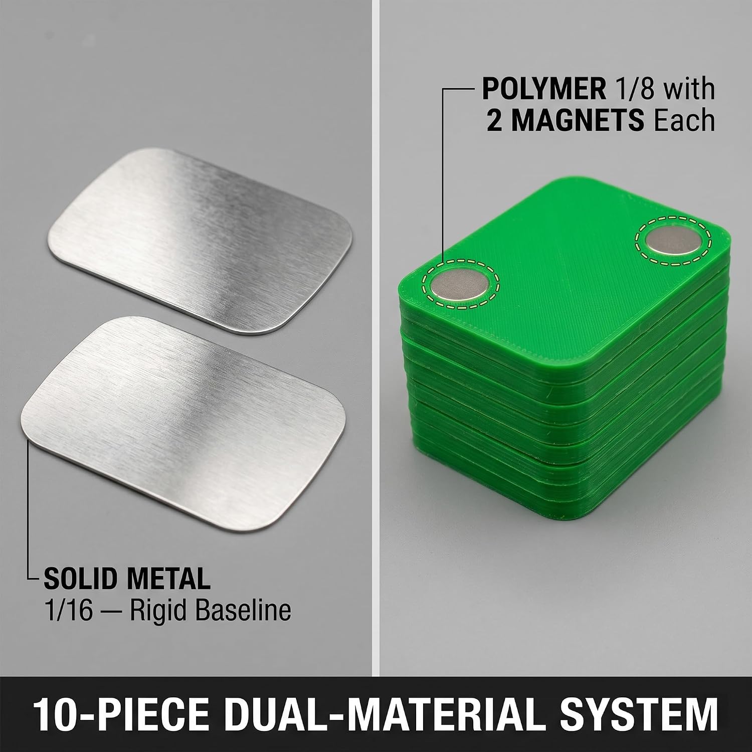 Magnetic Precision Shims for Woodworking — Table Saw, Router & Drill Press Setup Tool, 1/16" to 1-1/8" Spacing Increments, High-Visibility Green, 2 Metal + 8 Dual-Magnet Shims