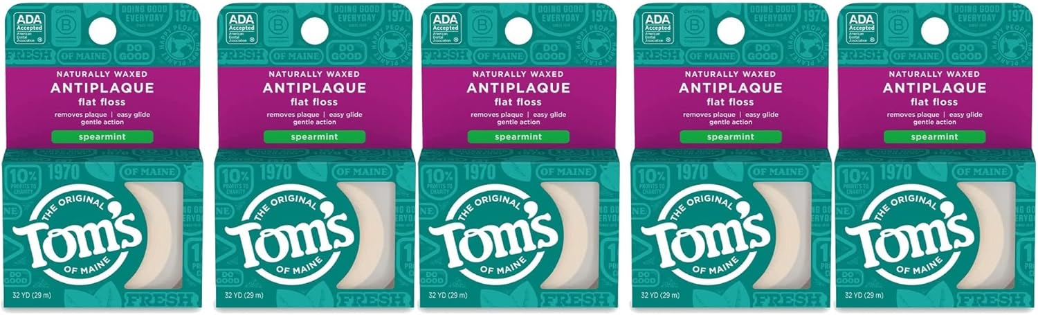 Tom's of Maine Naturally Waxed Anti-Plaque Flat Floss Spearmint 32 Yards (Pack of 5)