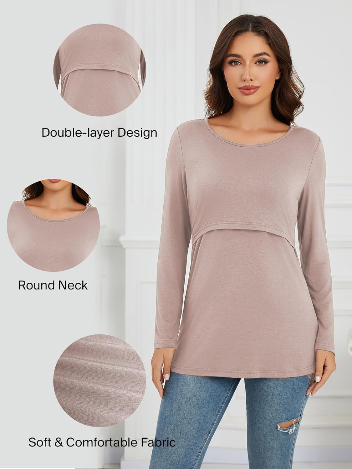 Liu & Qu Breastfeeding Shirts 4 Pack Long Sleeve Women Causal Nursing Tops Double Layer Pumping Shirt - Image 3