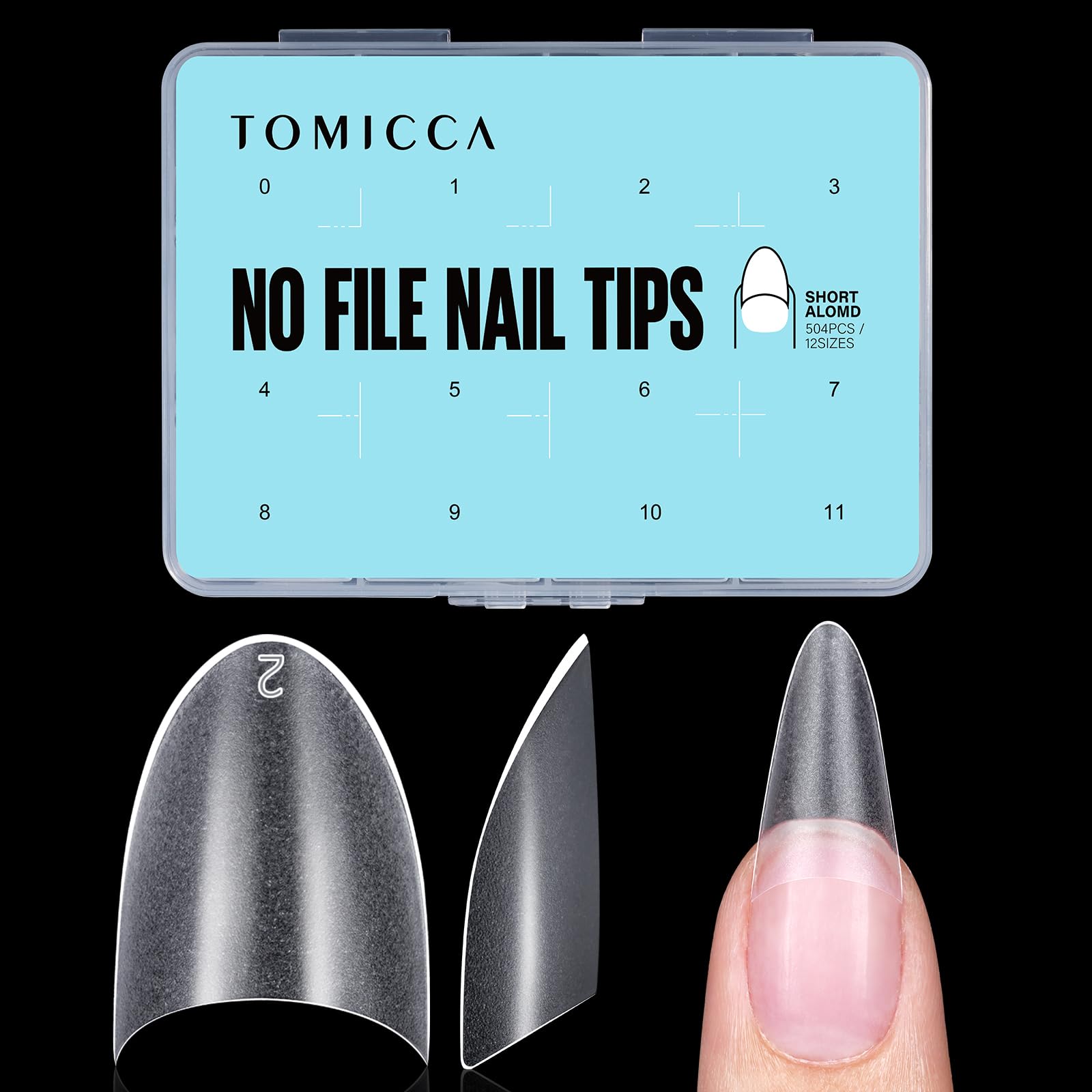 TOMICCA Short Almond Nail Tips, 504Pcs Full Matte Press on Half Cover Acrylic Nails,12 Sizes No C Curve Fake Nail Tips for Nail Extension Art Home DIY