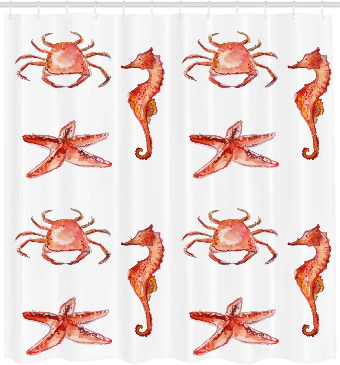 Ambesonne Nautical Shower Curtain, Crab Seahorse Starfish Hand Drawn Underwater Sea Creatures Ocean Image, Cloth Fabric Bathroom Decor Set with Hooks, 69" W x 84" L, Coral Salmon