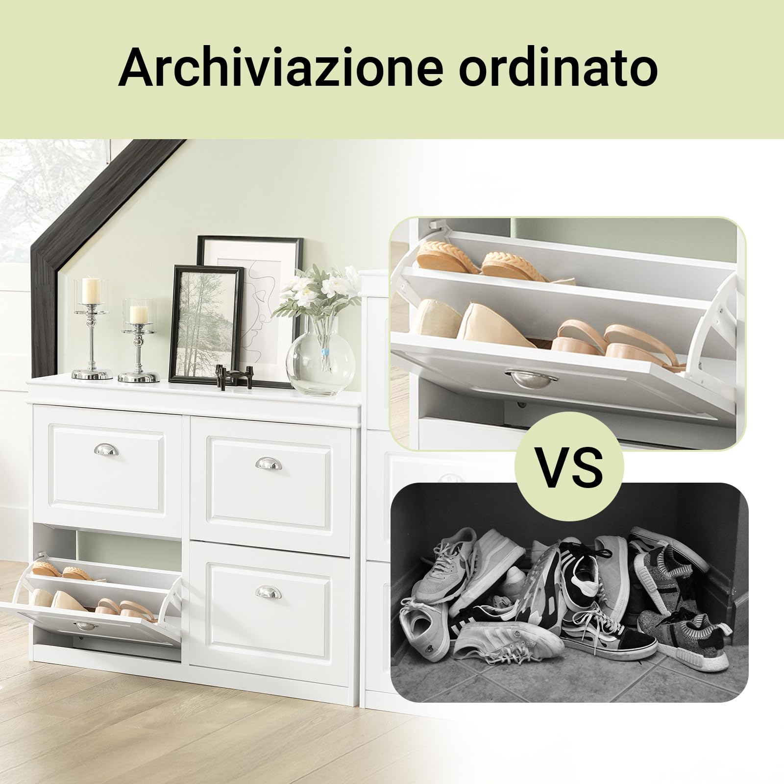 SoBuy Scarpiera Slim Salvaspazio Mobiletto da Ingresso con 4 Ante a Ribalta, Armadio Portascarpe Scarpiera Moderna per Ingresso, Corridoio o Camera da Letto 105x24x83cm Bianca FSR79-W