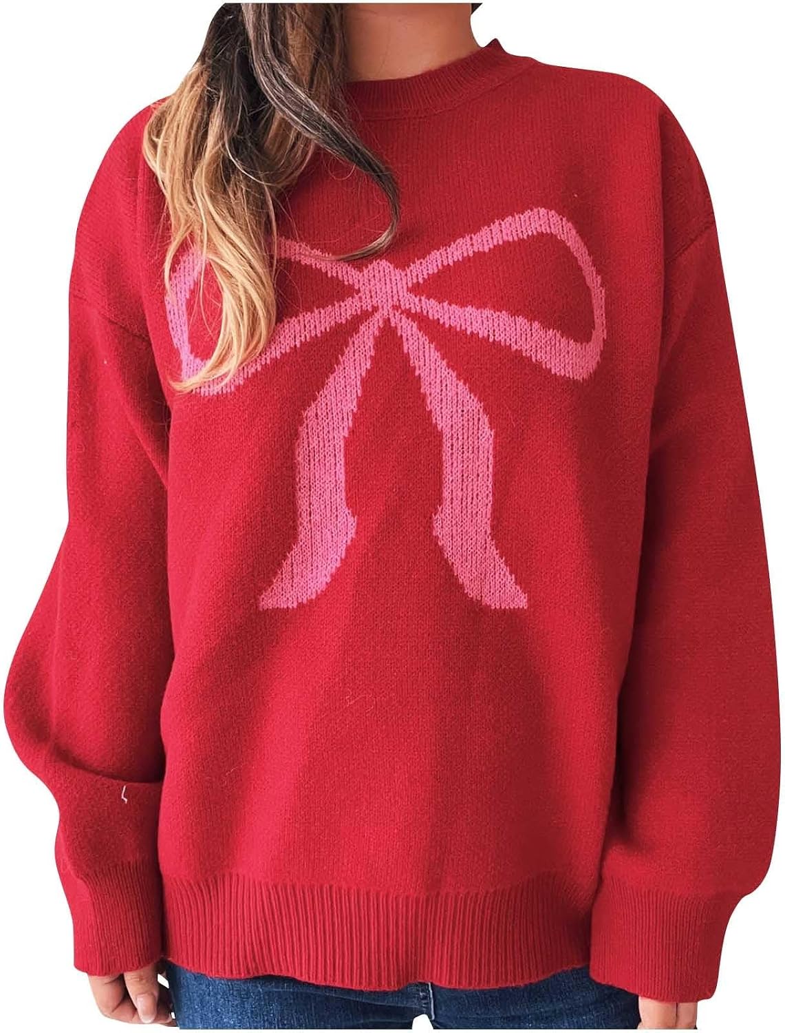 Women's Y2K Bow Print Sweater Crewneck Long Sleeve Drop Shoulder Knit Pullovers Sweaters Trendy Knit Jumper Tops