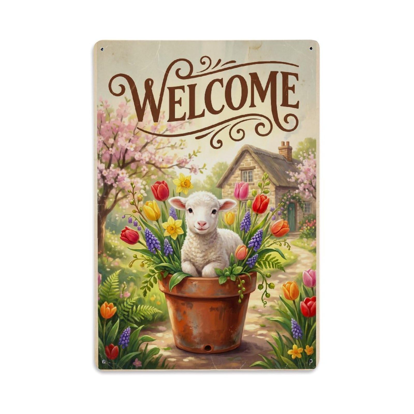Cxhjca 8X12inch(20X30cm) Vintage Welcome Lamb Spring Garden Metal Tin Sign
