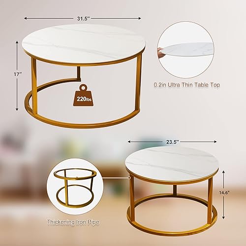 Miniatura 2 de Mesas de centro anidables para sala de estar, mesa de centro redonda moderna de piedra sinterizada anidable, juego de 2 con mesa de pizarra