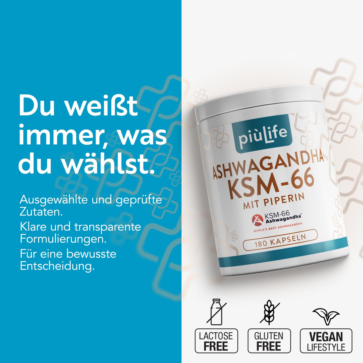 Ashwagandha KSM-66 600 mg PiùLife – Extrakt aus Wurzel 5% Witanolide | Für Stress & mentales Wohlbefinden, 180 KSM66 Ashwagandha Kapseln hochdosiert, laktose- & glutenfrei