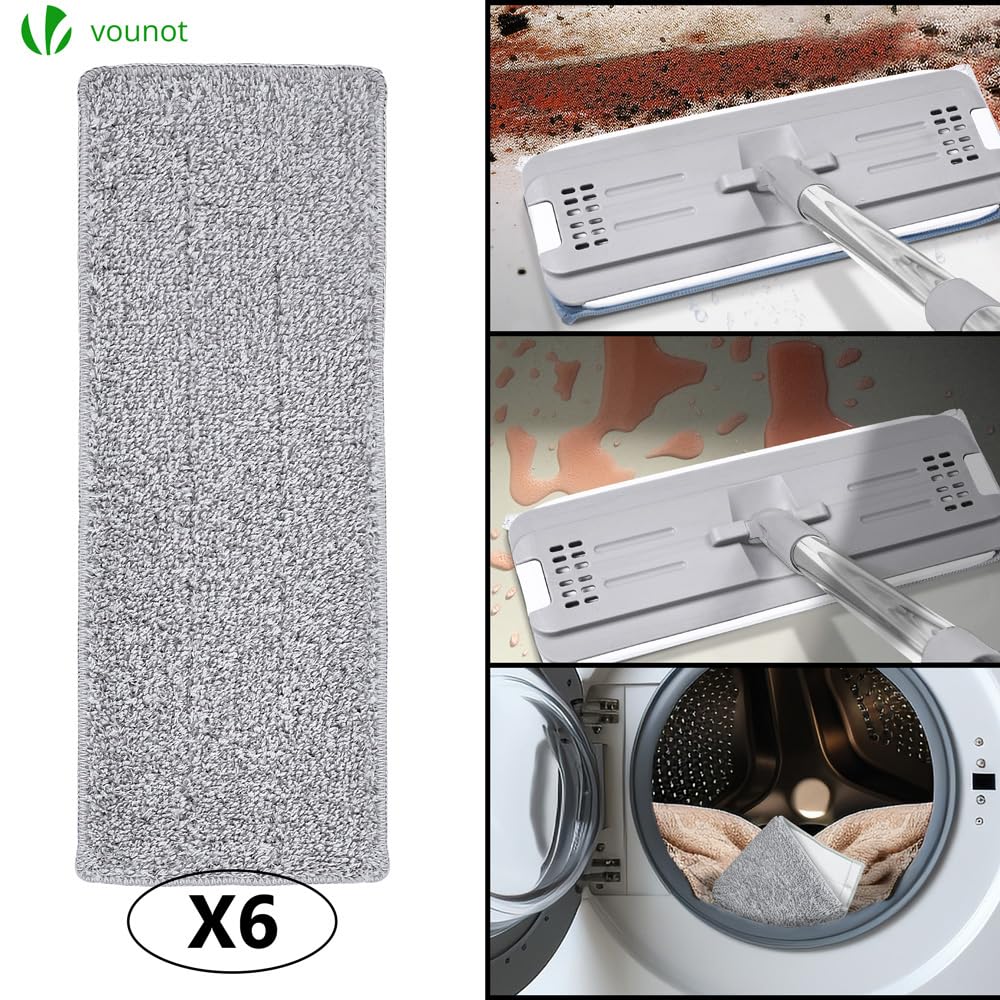 VOUNOT® Juego de Fregona y Cubo Escurridor 2 Compartimentos, Mopa Plana Microfibra con 6 Almohadillas Reutilizables, Trapeador Giratorio 360° Limpieza Suelos Madera, Laminado, Baldosas y Mármol, Gris