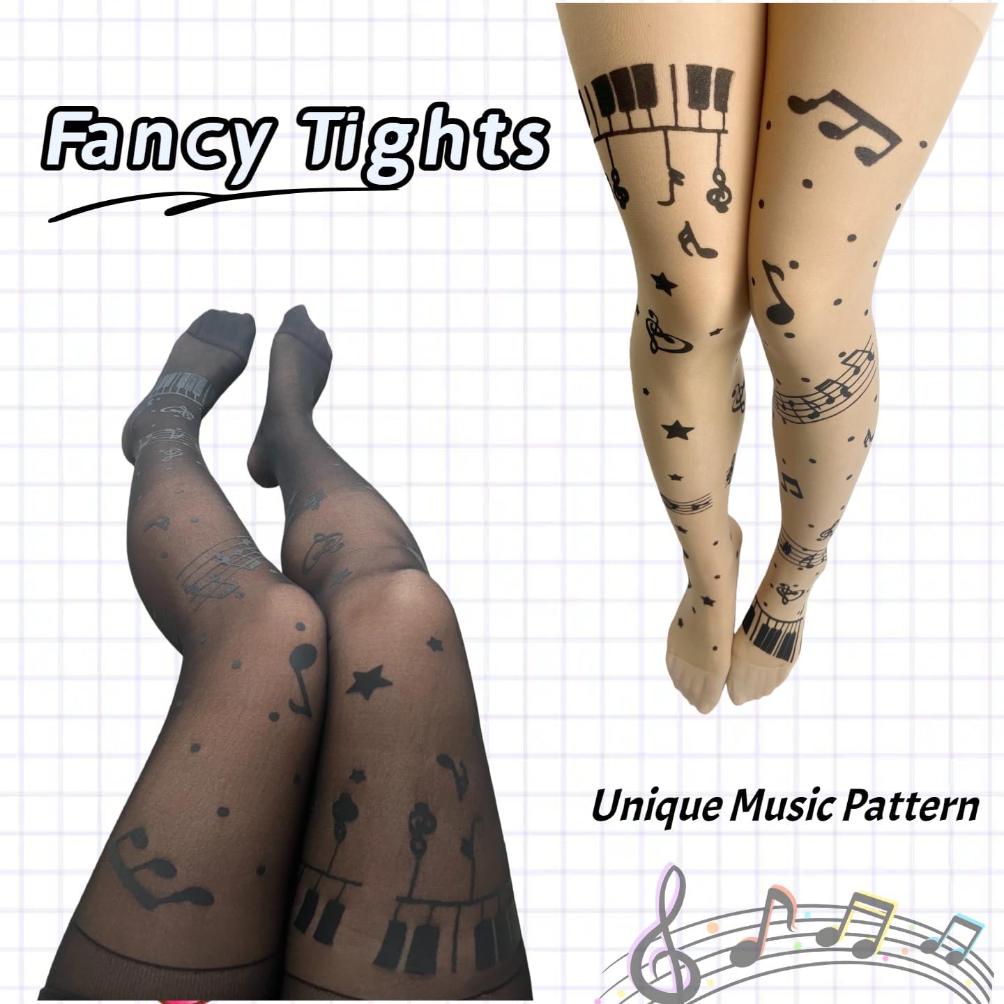 2Pcs Funky Music Note Sheer Tights - Whimsical Piano Key & Musical Print Pantyhose, Stretchy Y2K Aesthetic Stockings for Concerts, Parties & Daily Wear