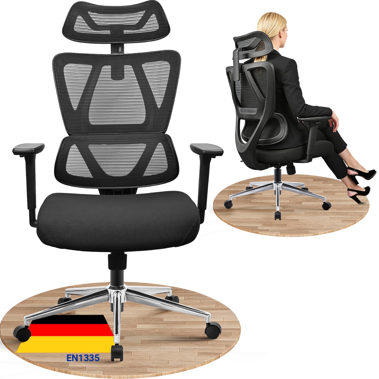MELOKEA Bürostuhl Ergonomisch 150 kg, Federkern-Sitzpolster | Schreibtischstuhl für Homeoffice und langes Sitzen mit dynamischer Lendenstütze, 3D-Armlehnen und EN1335