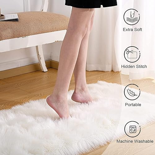 Miniatura 3 de Alfombra rectangular blanca de 2 x 6 pies, de piel sintética de oveja para sala de estar, alfombra mullida y lavable para dormitorio, cuarto de