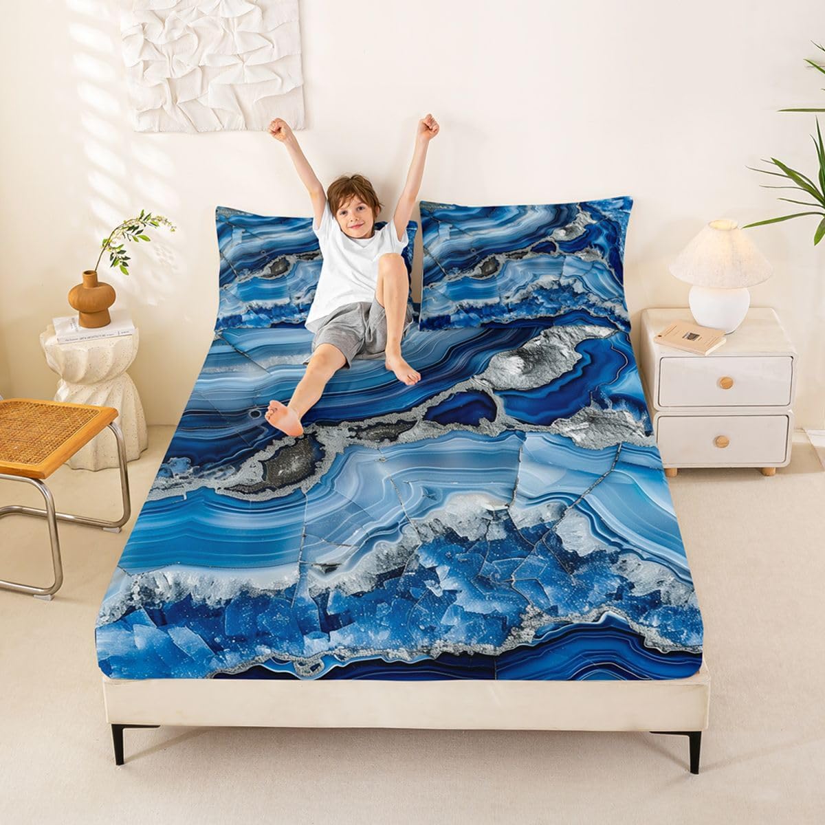 jejeloiu Blue Marble Bed Sheets Set Full Size Abstract Bed Set for Kids Boys Girls Modern Deep Pocket Fitted Sheet Marble Art Painting Breathable Soft Lightweight Microfiber