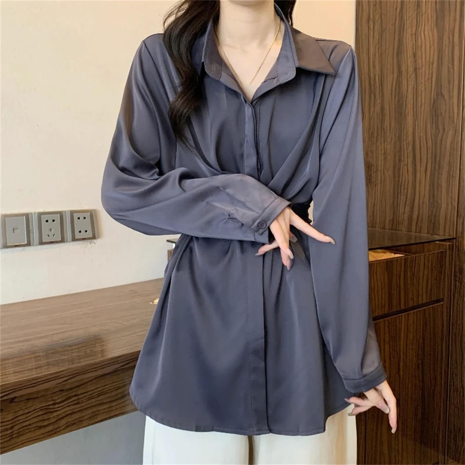 Camisas de satén para mujer, manga larga, ajuste holgado, sedosas, suaves, informales, para uso diario y oficina