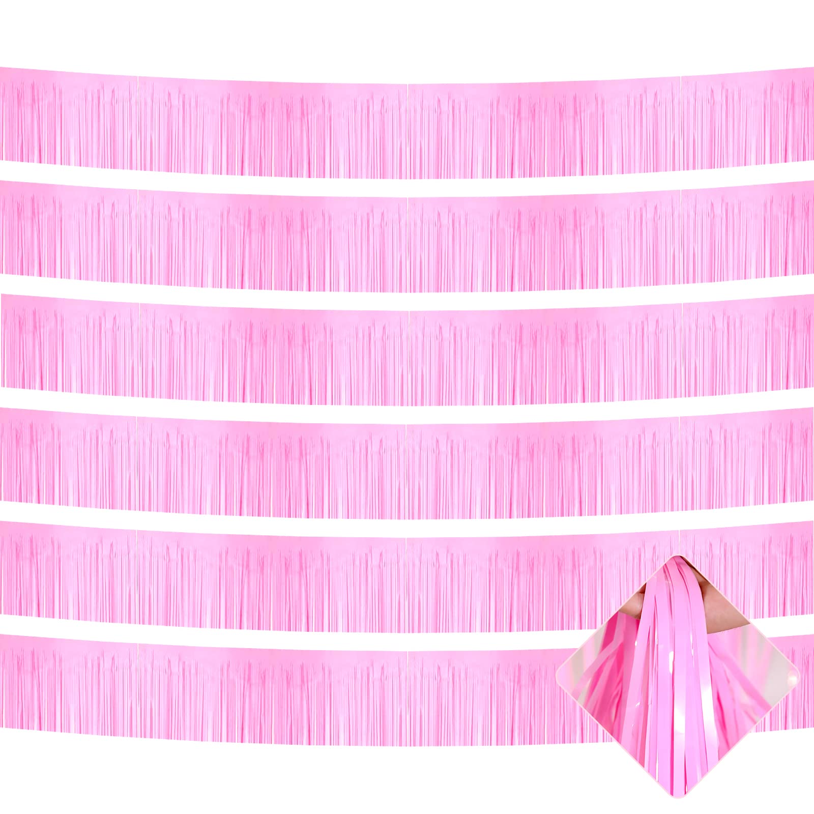 6 Pack 10 Feet Foil Fringe Garland Metallic Tinsel Streamers Banner Wall Hanging Curtain Backdrop for Parade Floats, Bachelorette, Wedding, Birthday, Halloween, Christmas Party Decorations(Pink)