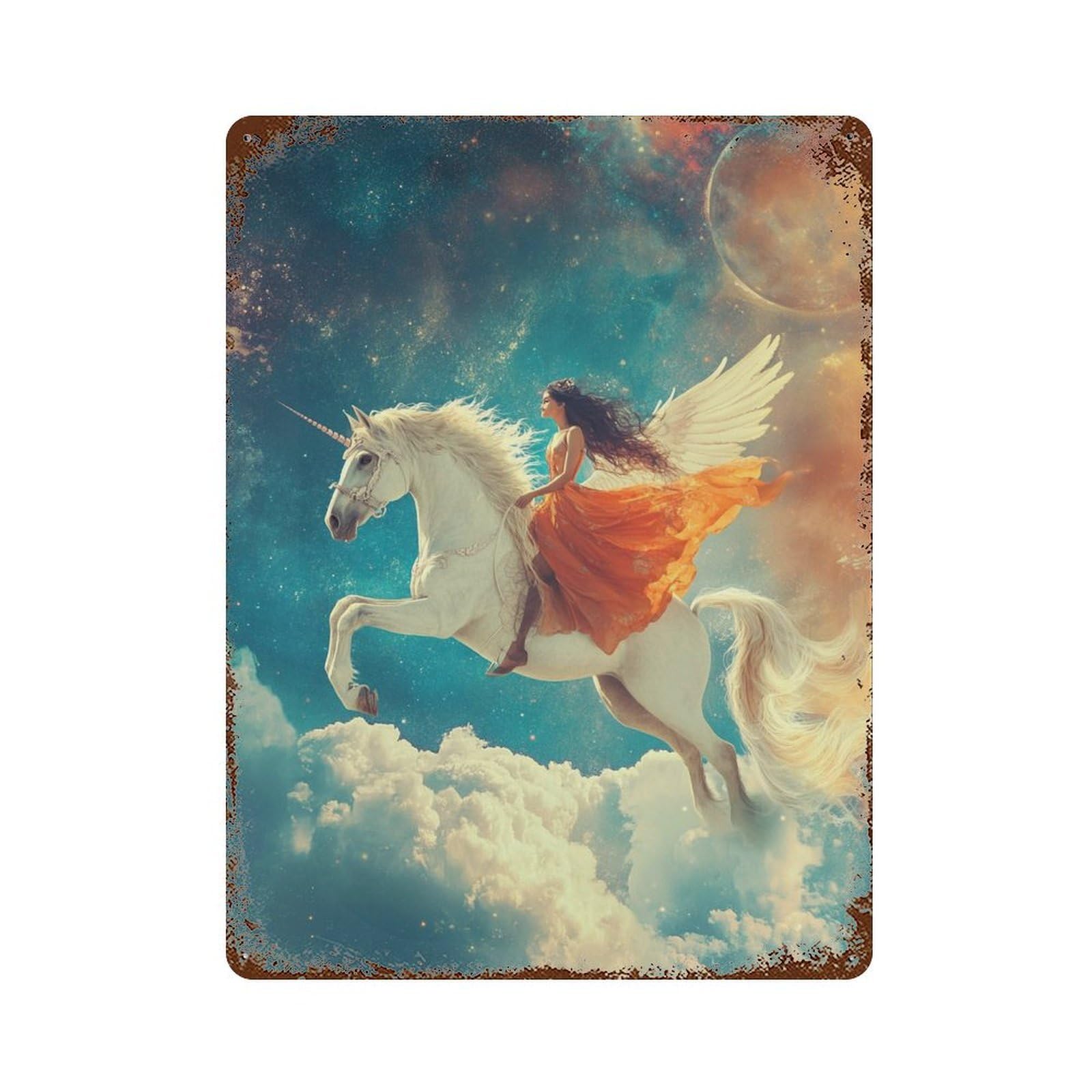 Garage Style Fantasy Unicorn Ride in Space -1 Rustic Tin Plaque 15.7"x11.8", Farmhouse Wall Decor for Bar And Workshop