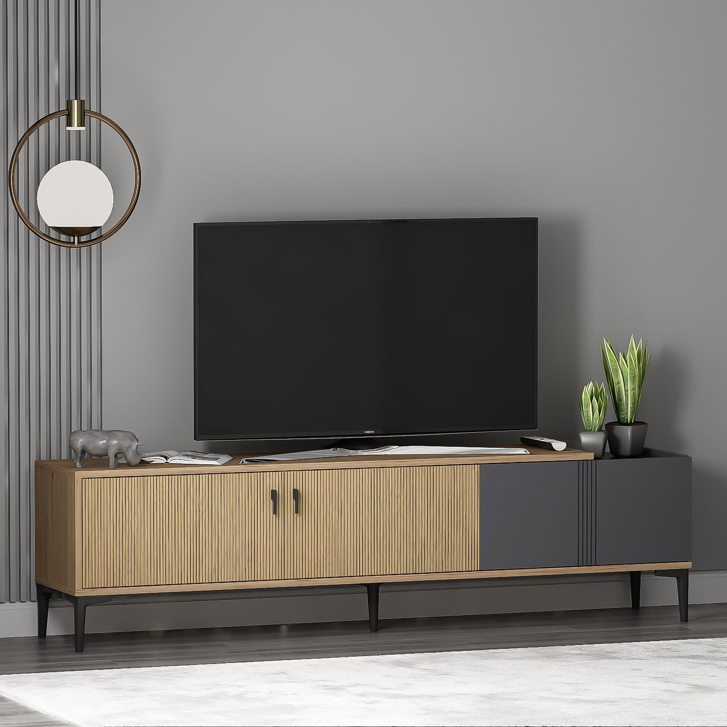 Homidea Modena - Meuble TV bas de 180 cm avec portes et espace de rangement - Meuble TV au design scandinave - Pour salon (chêne clair - anthracite)
