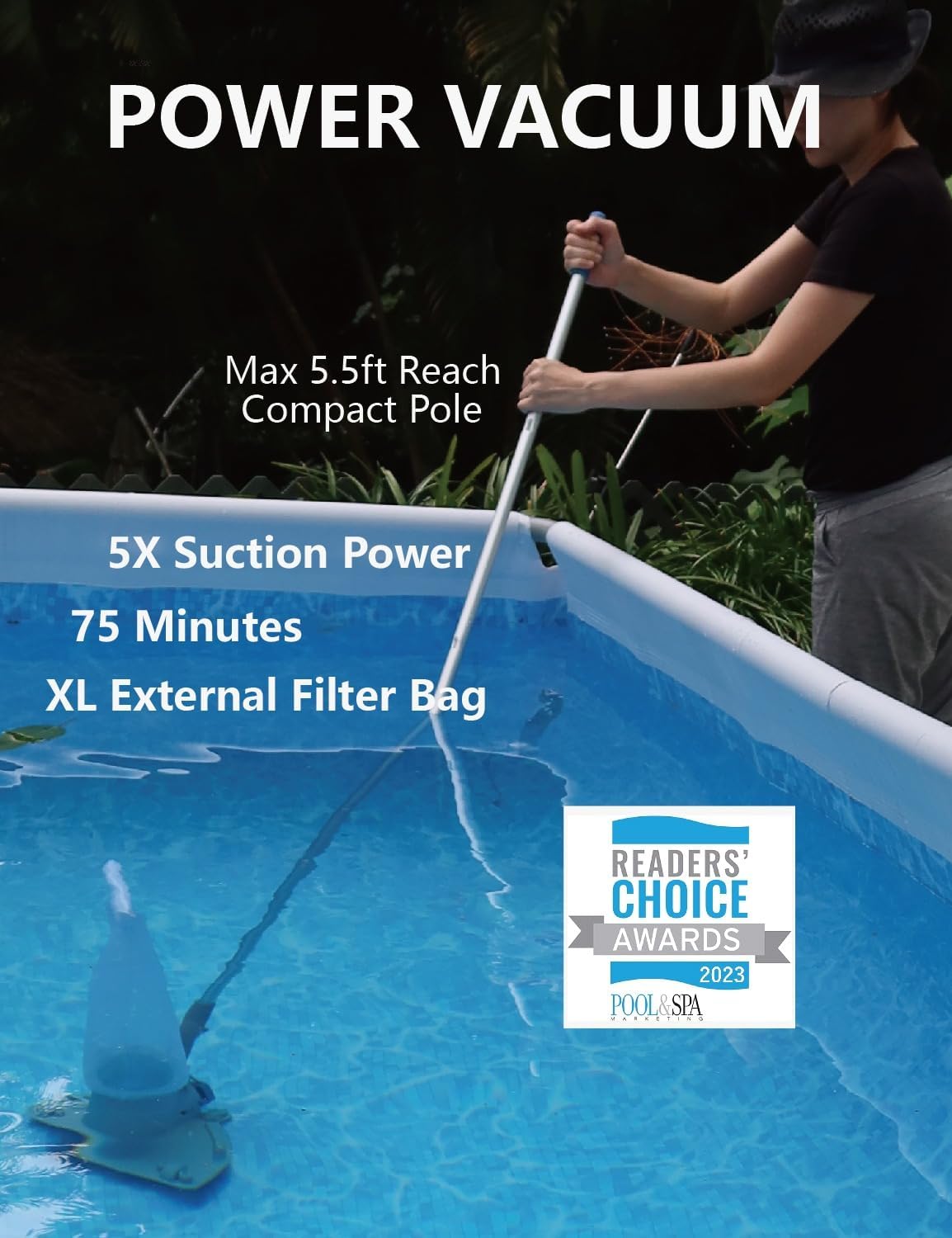 A person using the KOKIDO XV410 pool vacuum in an above-ground pool, demonstrating its reach and ease of use.