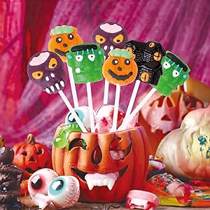 Halloween Lollipop Suckers Individually Wrapped Bulk - Spooky Candy Lollipops - Pumpkin, Green Monster, Zombie, Haunted House Candies for Kids Halloween Goody Bag Fillers and Party Favors - Trick or Treat - 24 Pack