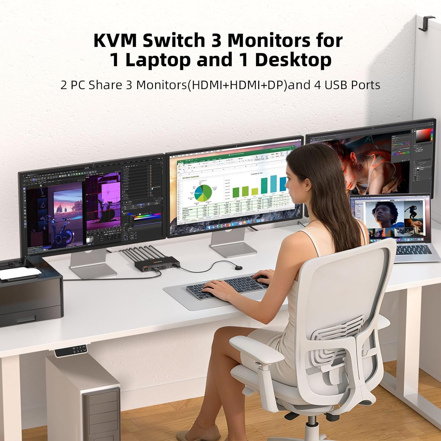 User operating a KVM switch connected to three monitors, a laptop, and a desktop computer.