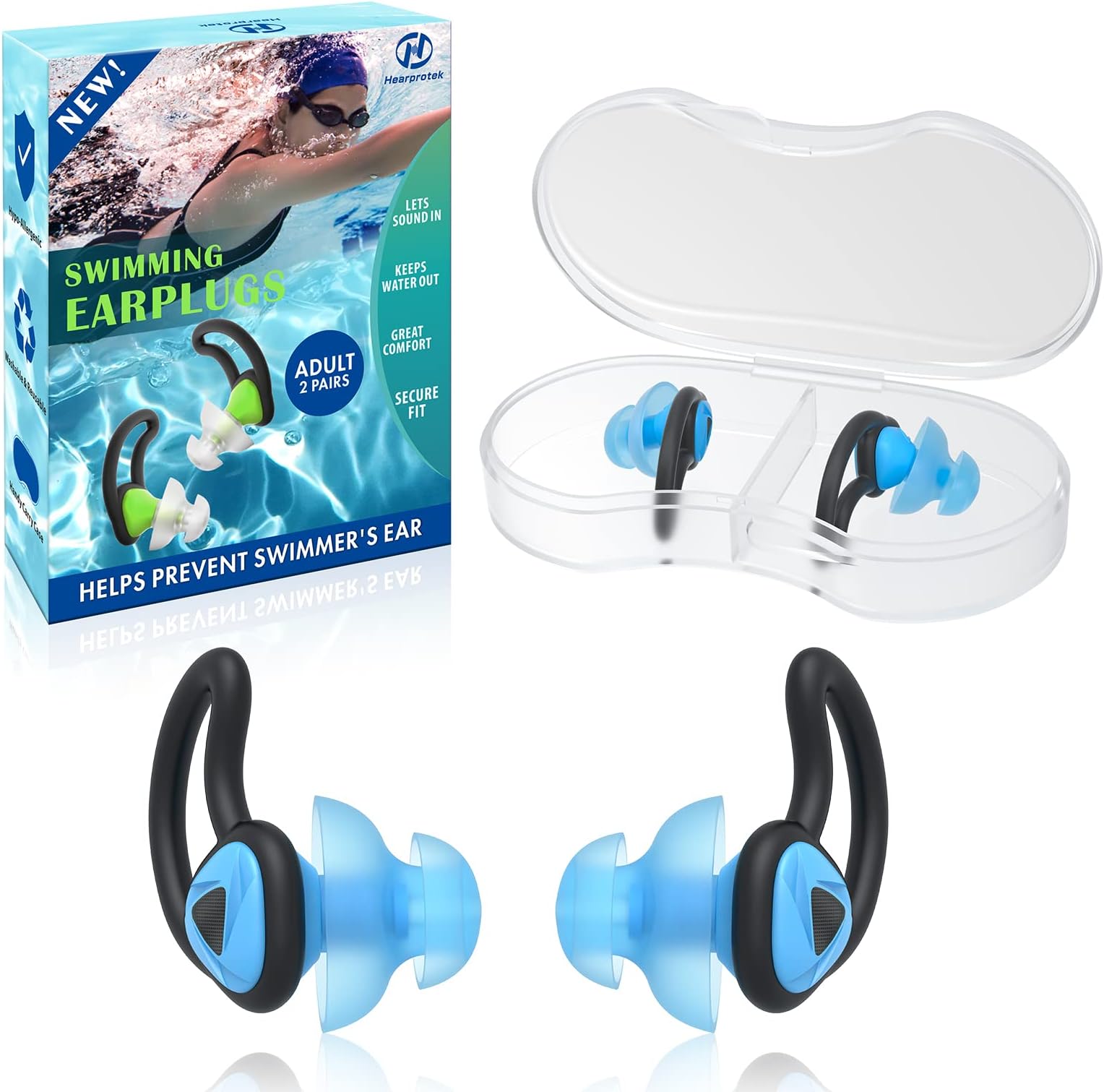 HearprotekHearprotek Swimming Ear Plugs Adults, 2 Pairs Silicone Waterproof Swim Earplugs Protection for Pool, Shower, Bath, Swim Water Sports Light Blue