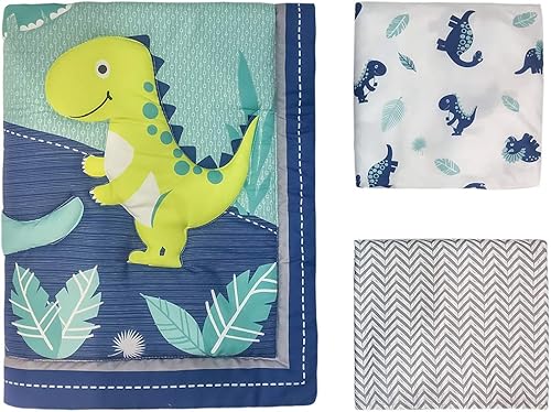 Miniatura 2 de Juego de cama de cuna de dinosaurio para niños 3 piezas (azul)